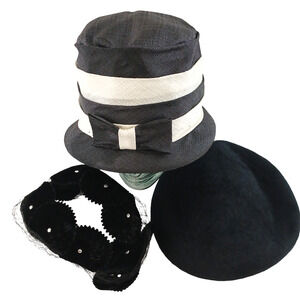 VTG Womens Cloche Hats Black & Ivory Velvet Veil Union Made 1920s 1930s Lot of 3